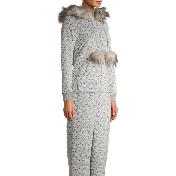 New Plush Leopard Faux Fur Trimmed Union Suit. - Picture 2 of 13